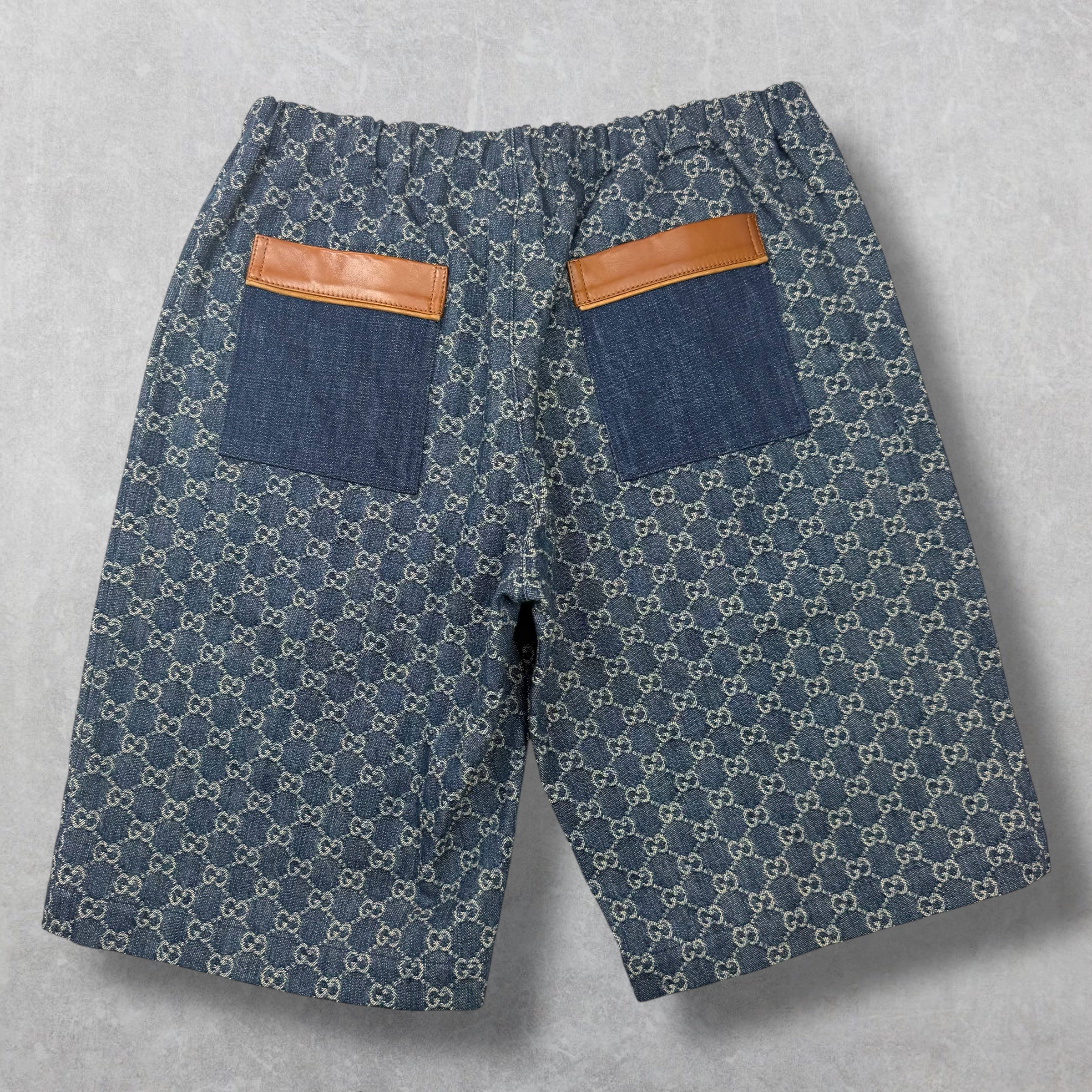 Gucci GG Monogram Denim Shorts W/ Leather Trim 48 (M)