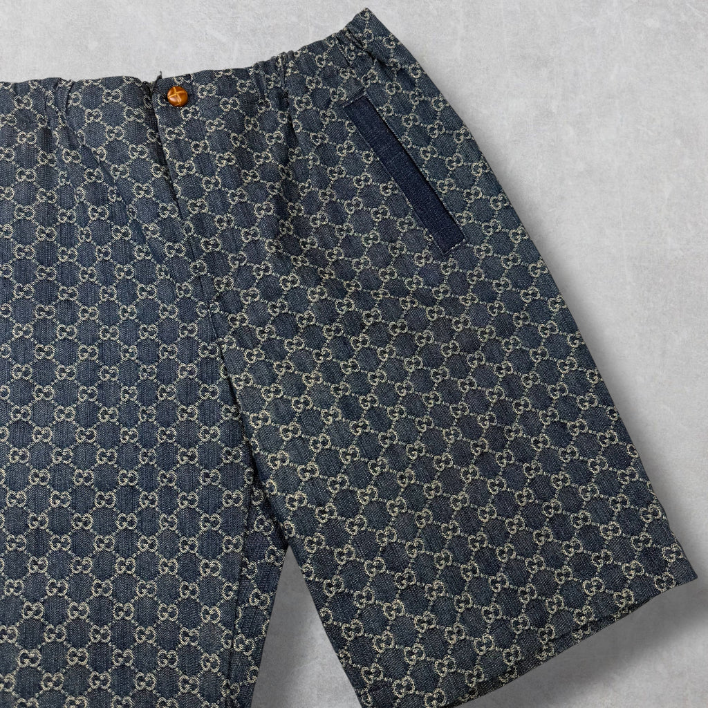 Gucci GG Monogram Denim Shorts W/ Leather Trim 48 (M)