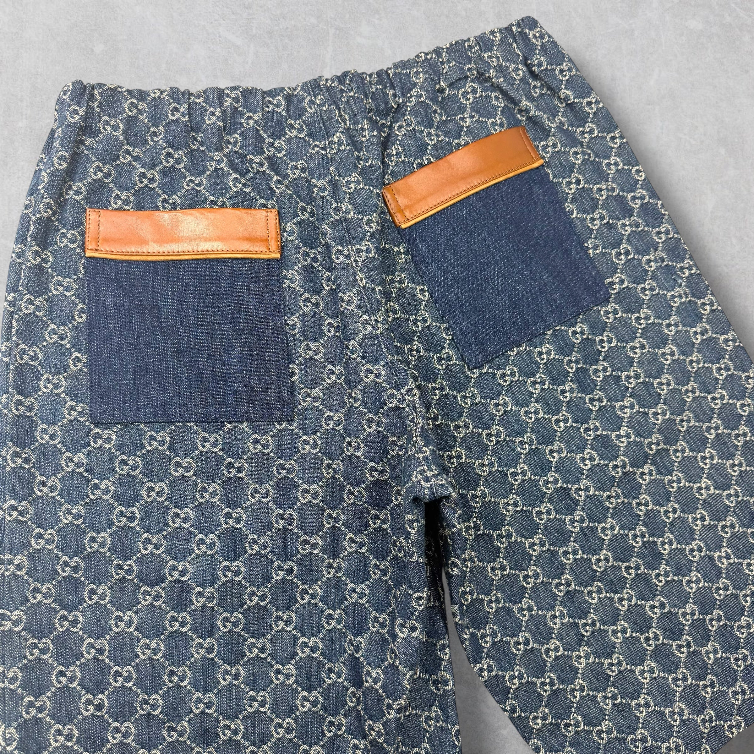 Gucci GG Monogram Denim Shorts W/ Leather Trim 48 (M)
