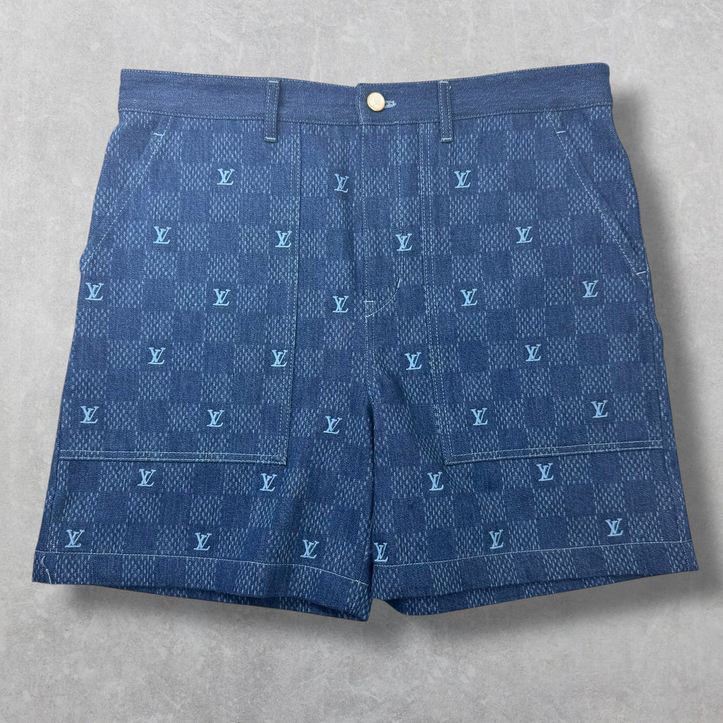 Louis Vuitton Embroidered Damier Denim Shorts 36