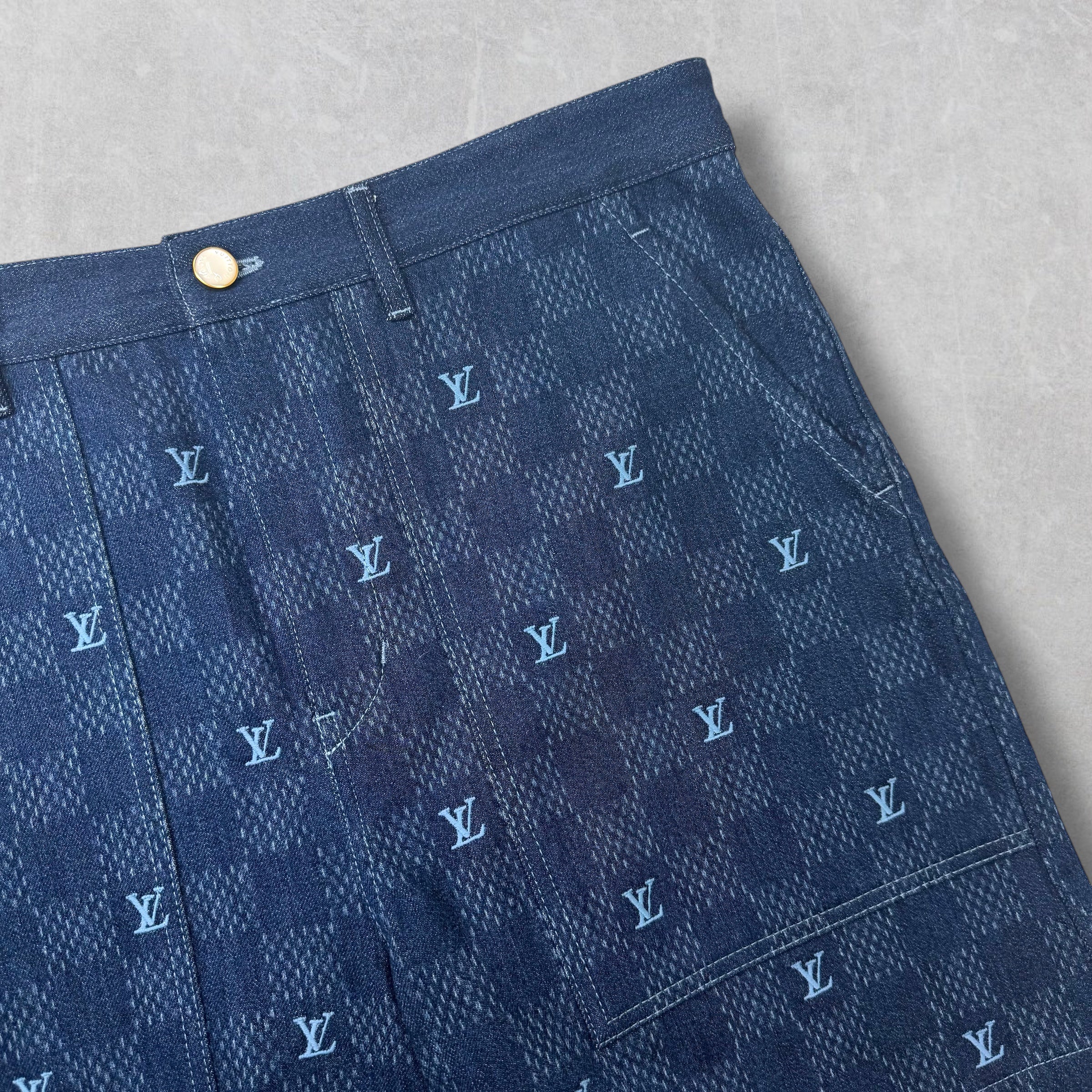 Louis Vuitton Embroidered Damier Denim Shorts 36