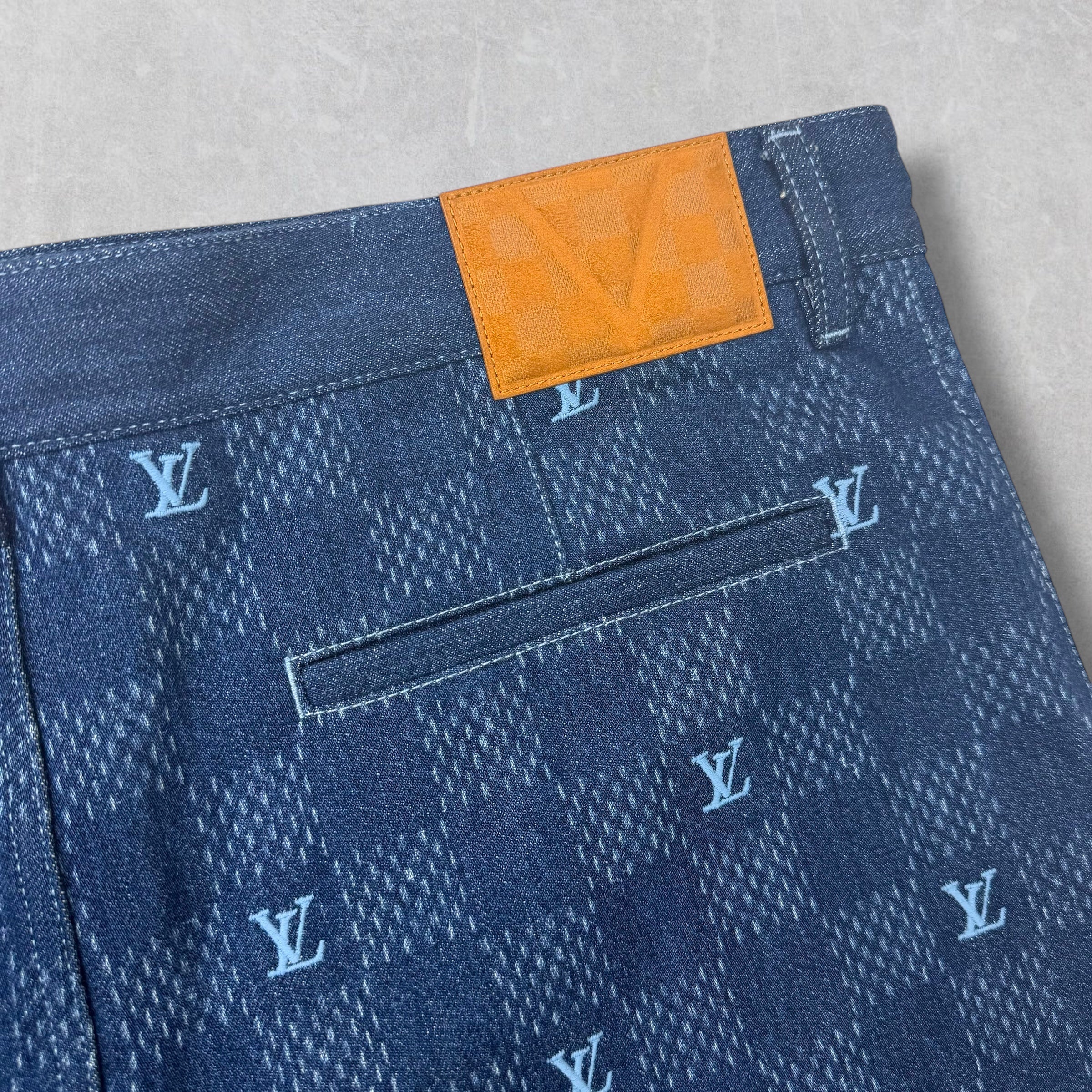 Louis Vuitton Embroidered Damier Denim Shorts 36