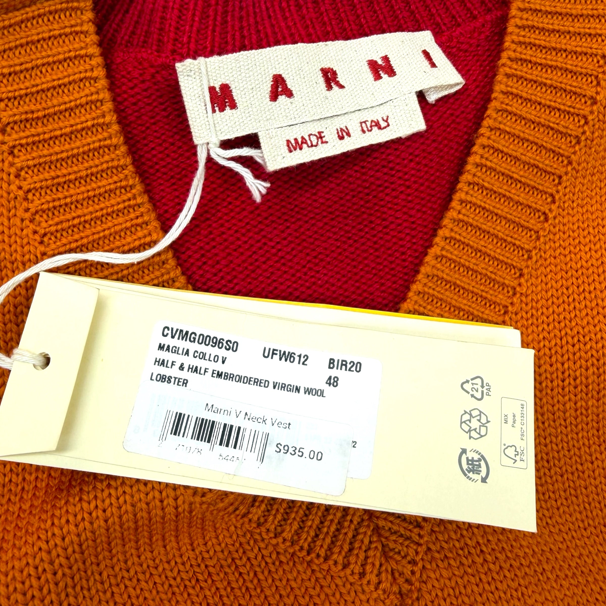 Marni Half & Half Virgin Wool V Neck Vest M