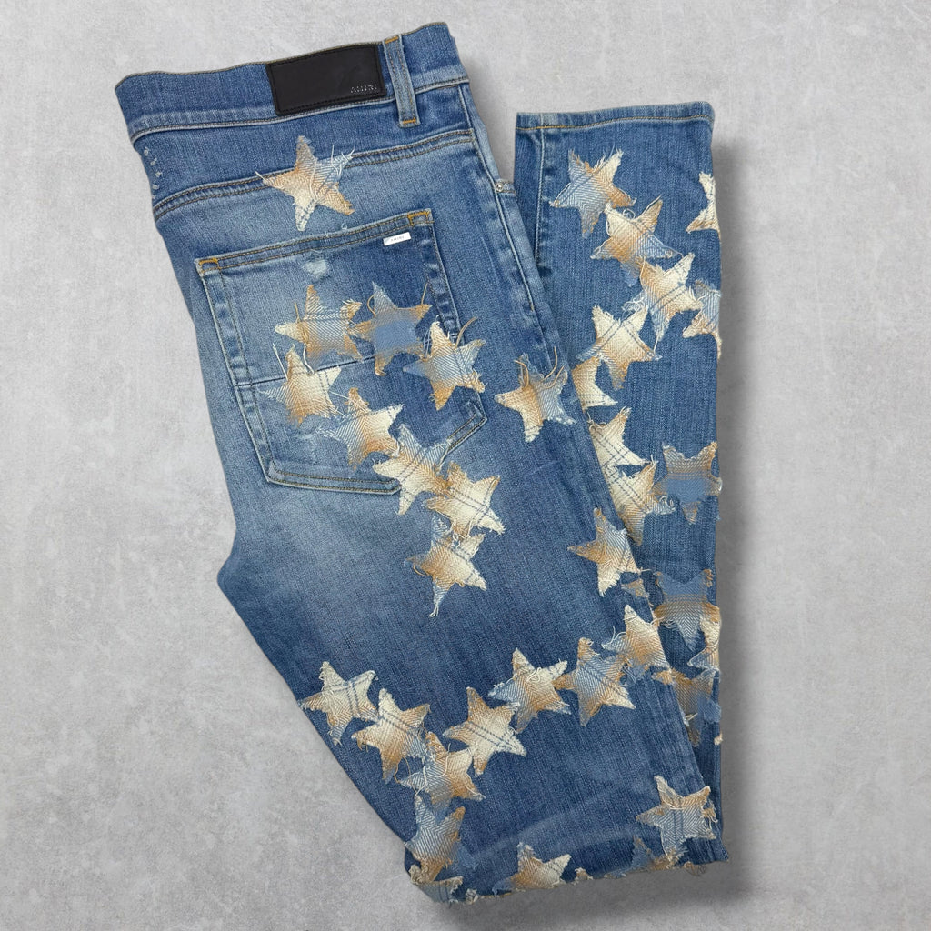 Amiri x Chemist Plaid Leather Star Jeans 36