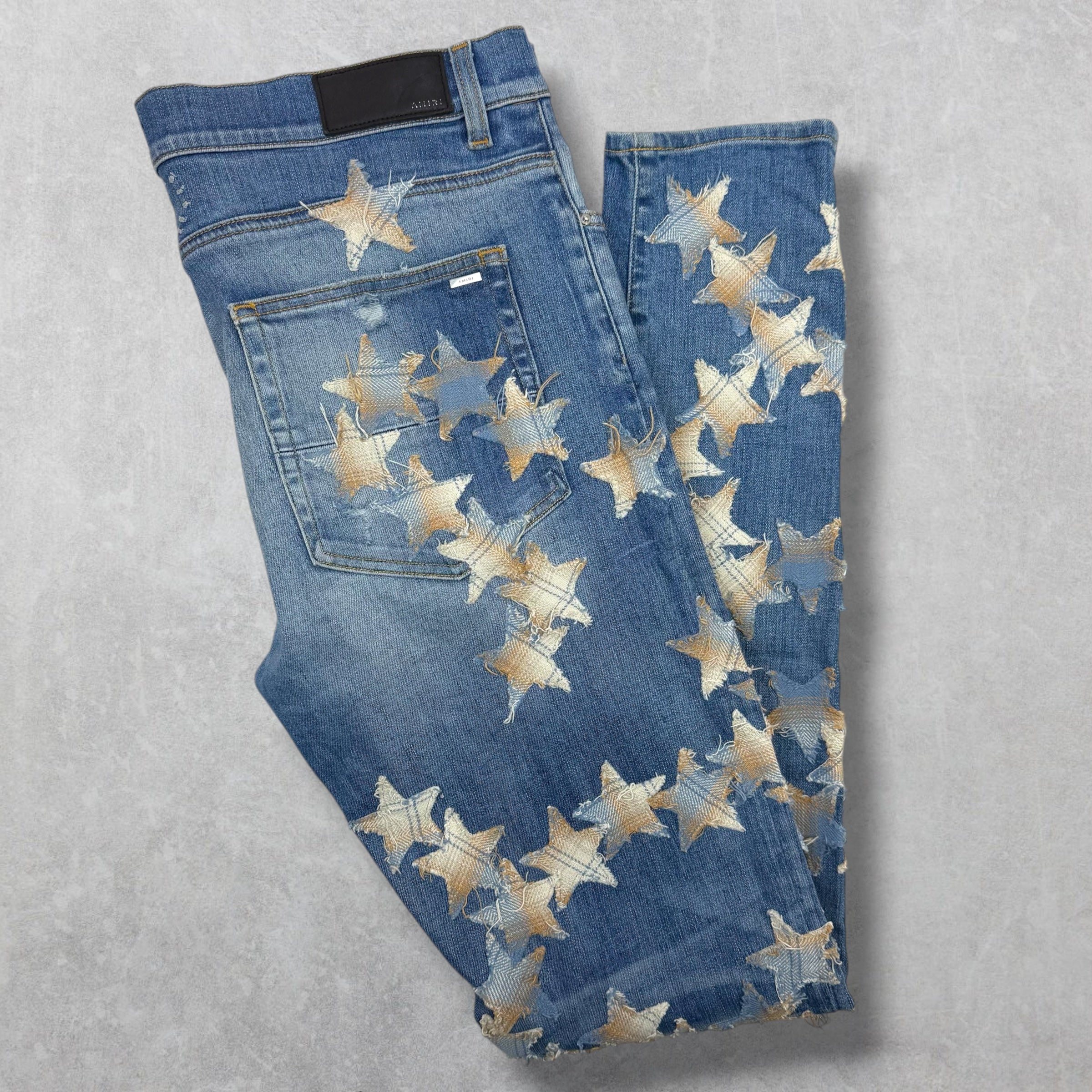 Amiri x Chemist Plaid Leather Star Jeans 36