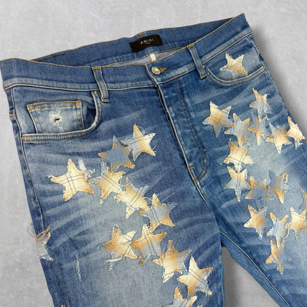 Amiri x Chemist Plaid Leather Star Jeans 36