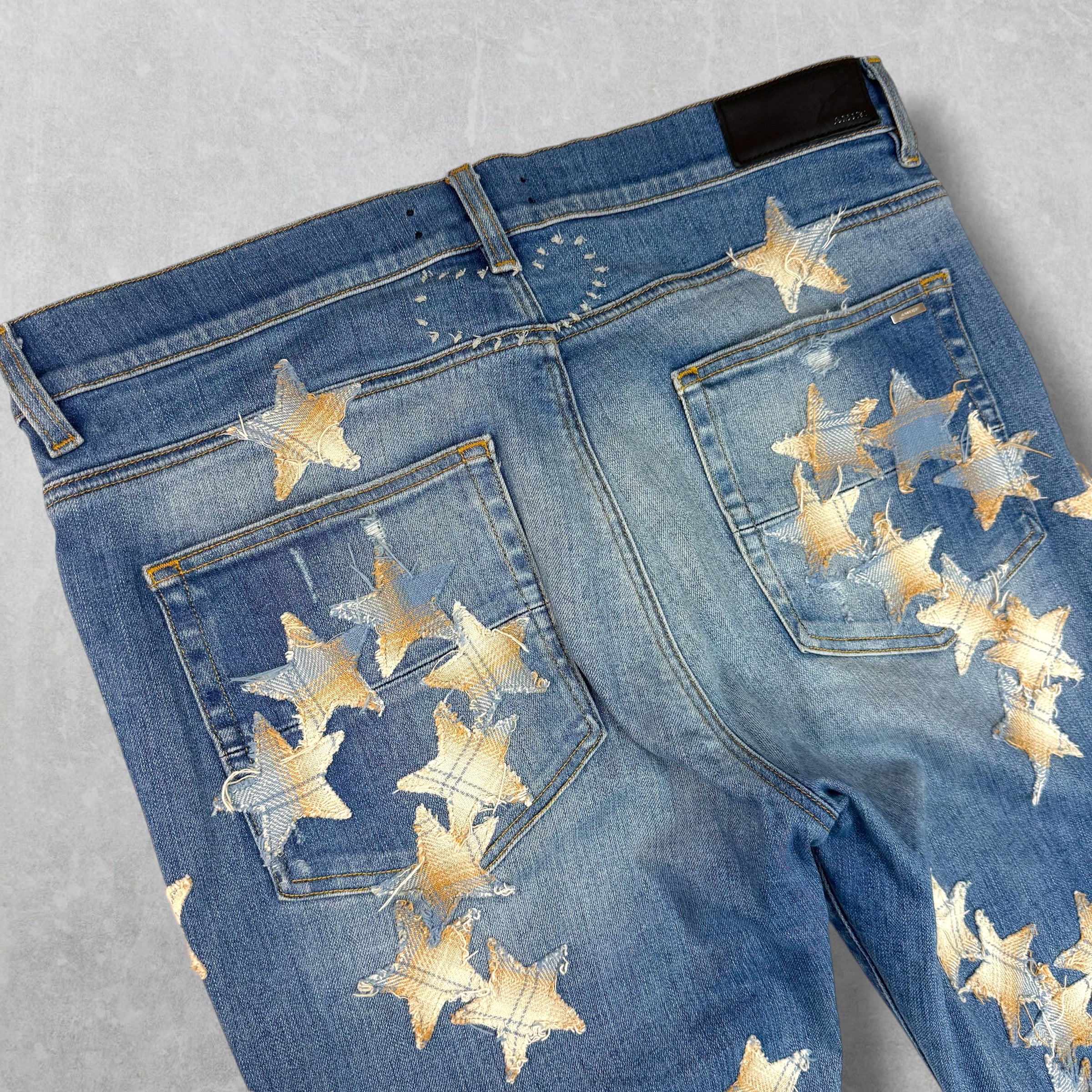 Amiri x Chemist Plaid Leather Star Jeans 36