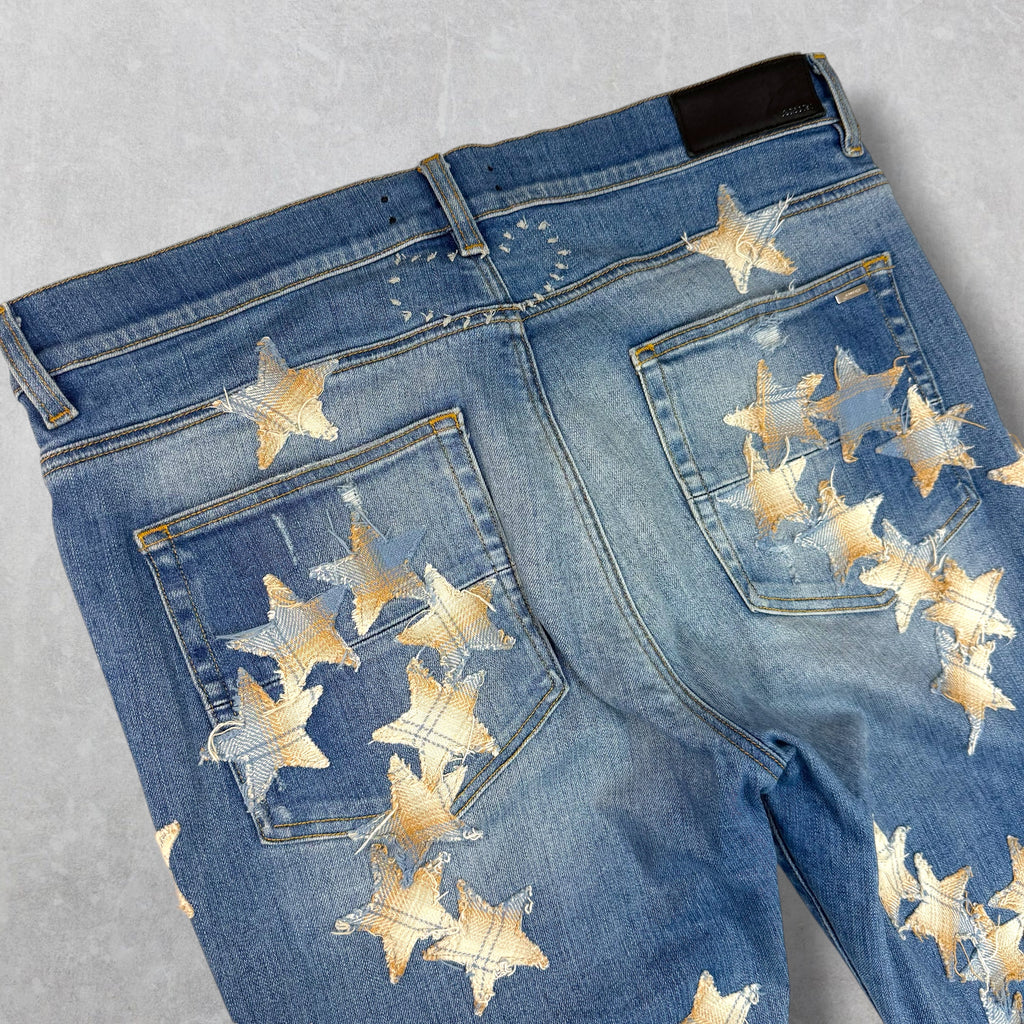 Amiri x Chemist Plaid Leather Star Jeans 36