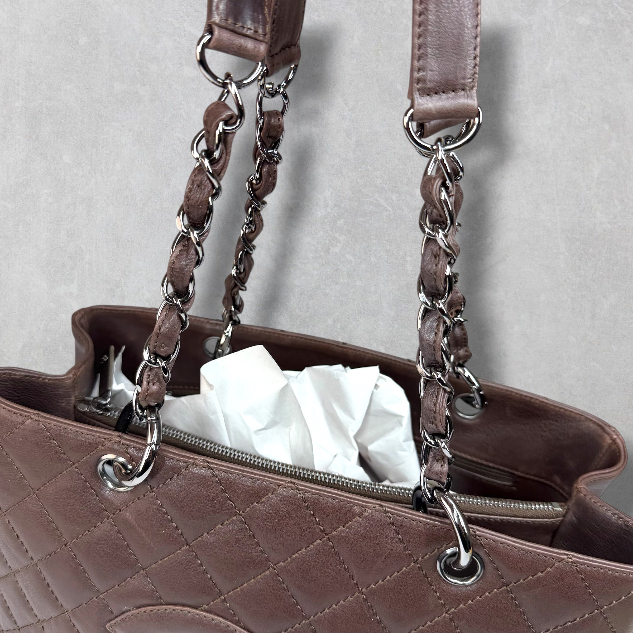 Chanel Brown Caviar Quilted Grand Shopping Tote