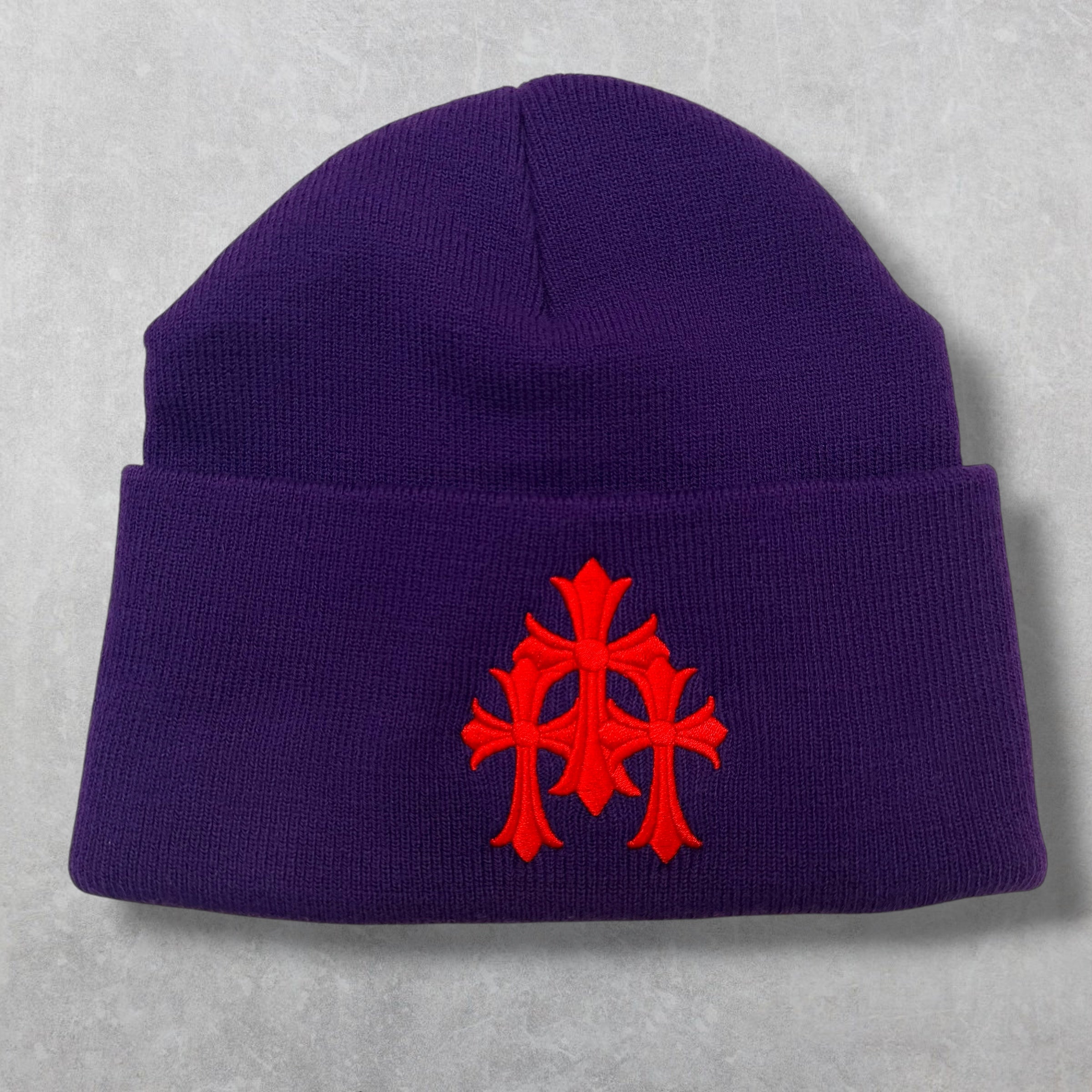 Chrome Hearts Red Triple Cross Purple Beanie