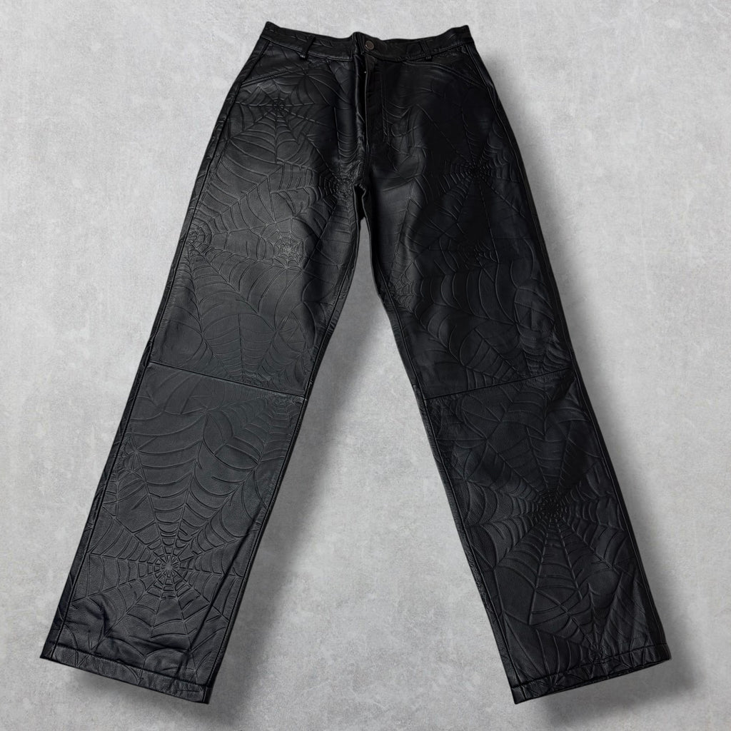 SP5DER Black Debossed Web Leather Pants 32