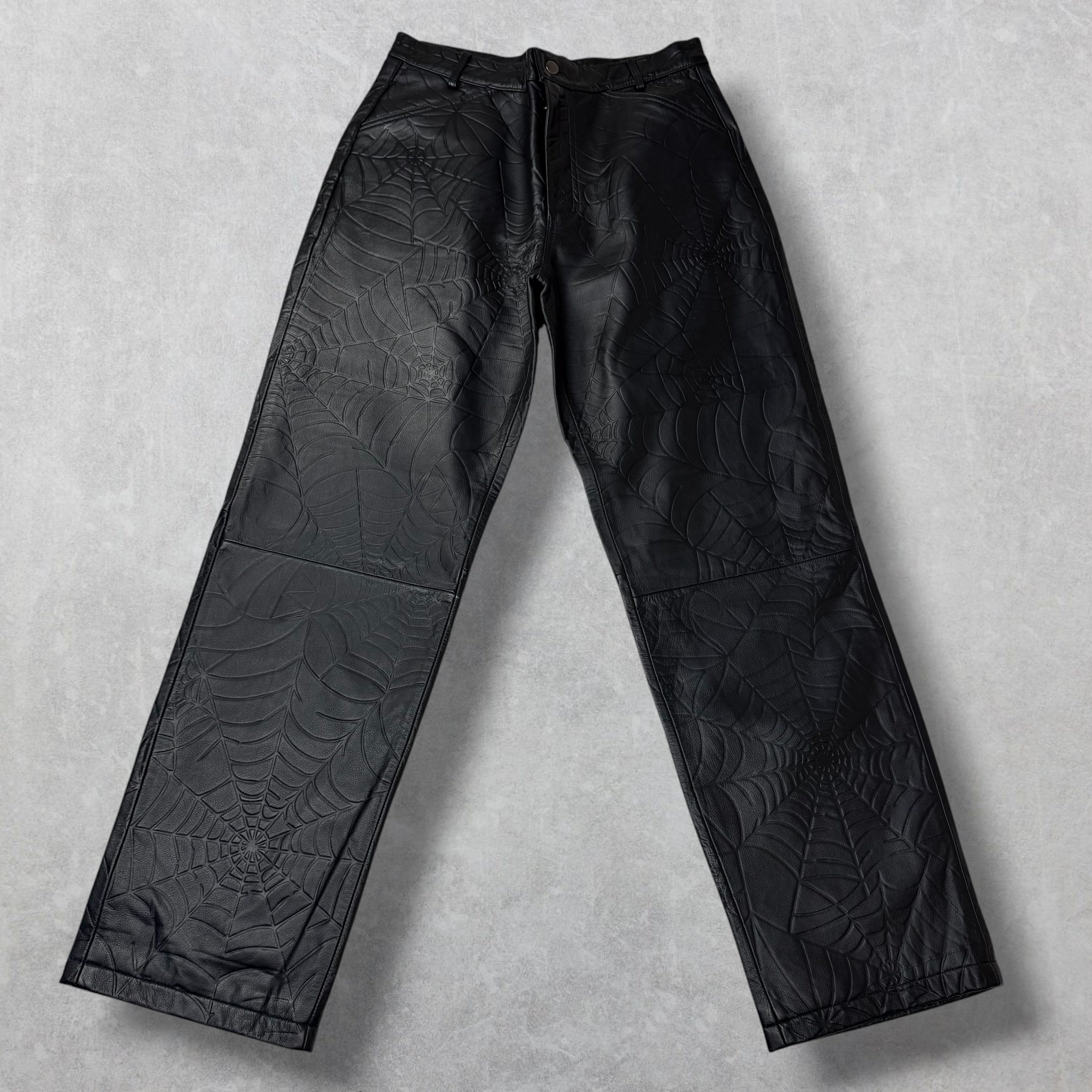 SP5DER Black Debossed Web Leather Pants 32