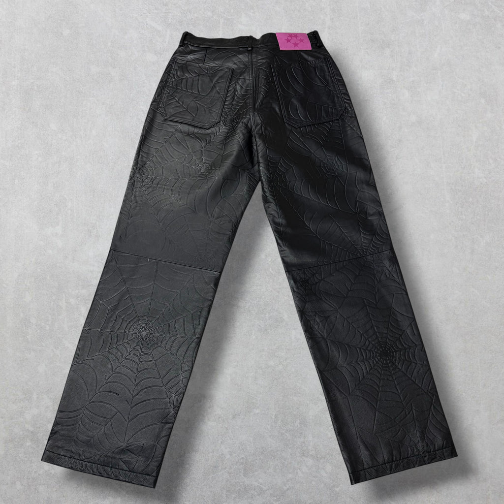 SP5DER Black Debossed Web Leather Pants 32