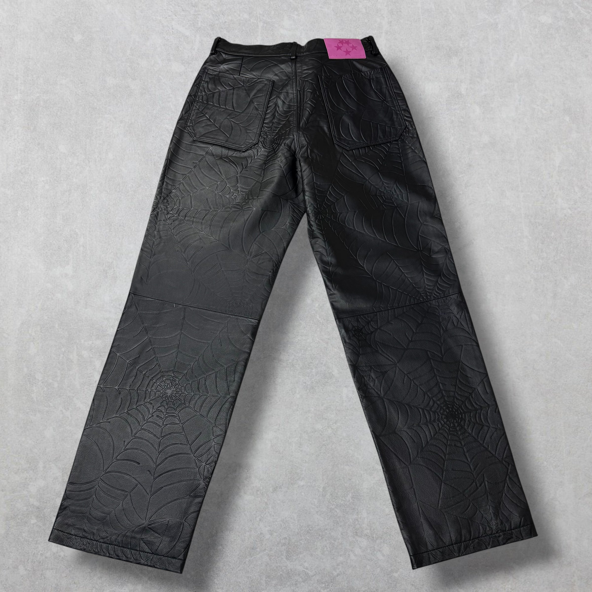 SP5DER Black Debossed Web Leather Pants 32