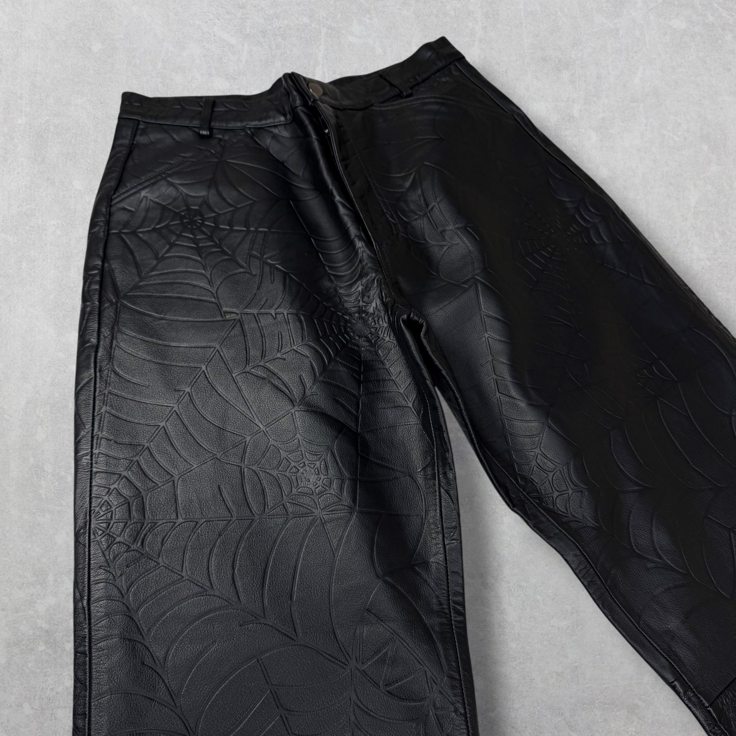 SP5DER Black Debossed Web Leather Pants 32