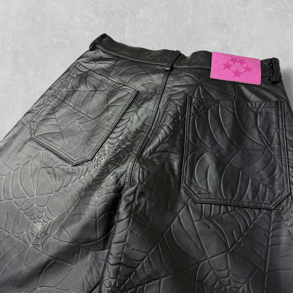 SP5DER Black Debossed Web Leather Pants 32