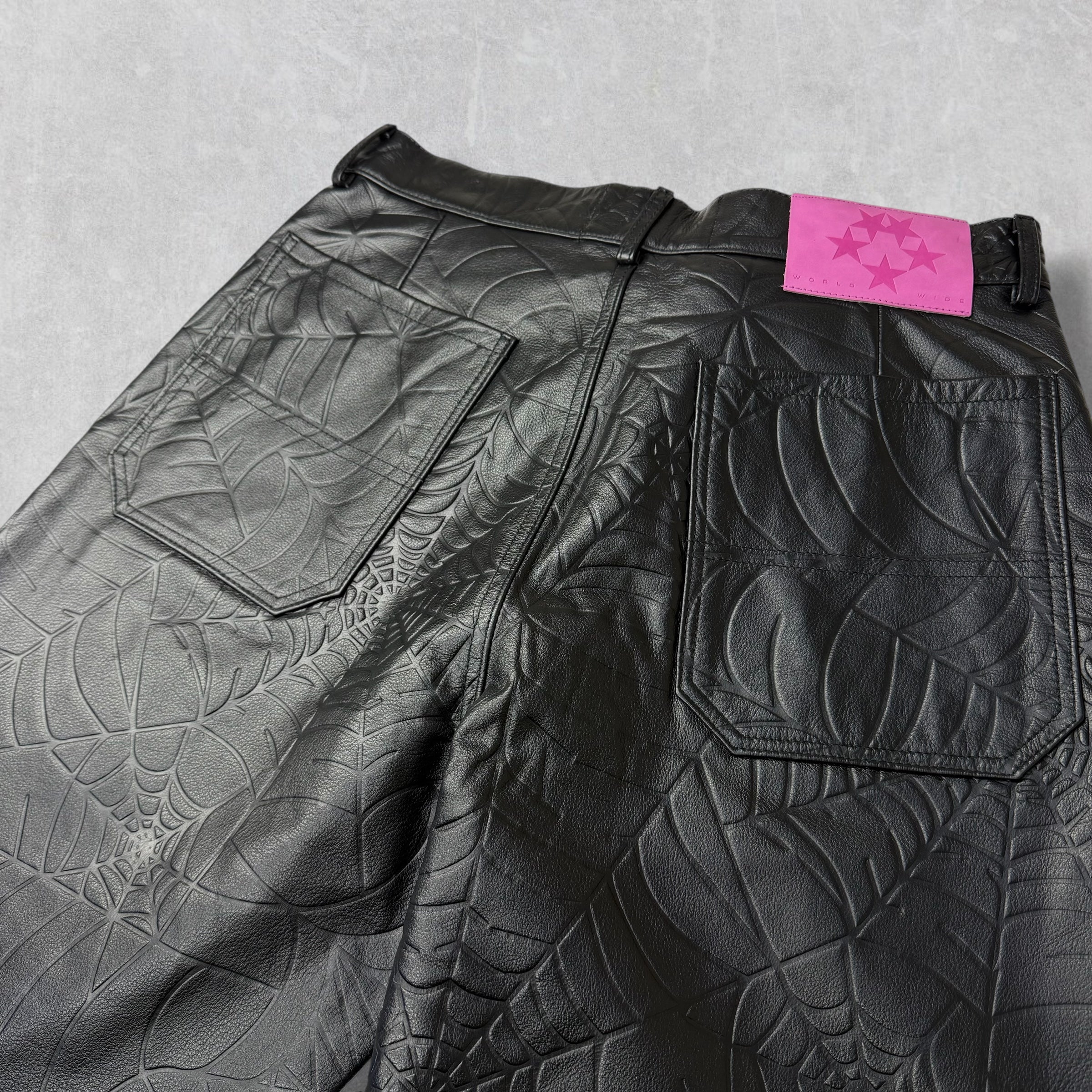 SP5DER Black Debossed Web Leather Pants 32