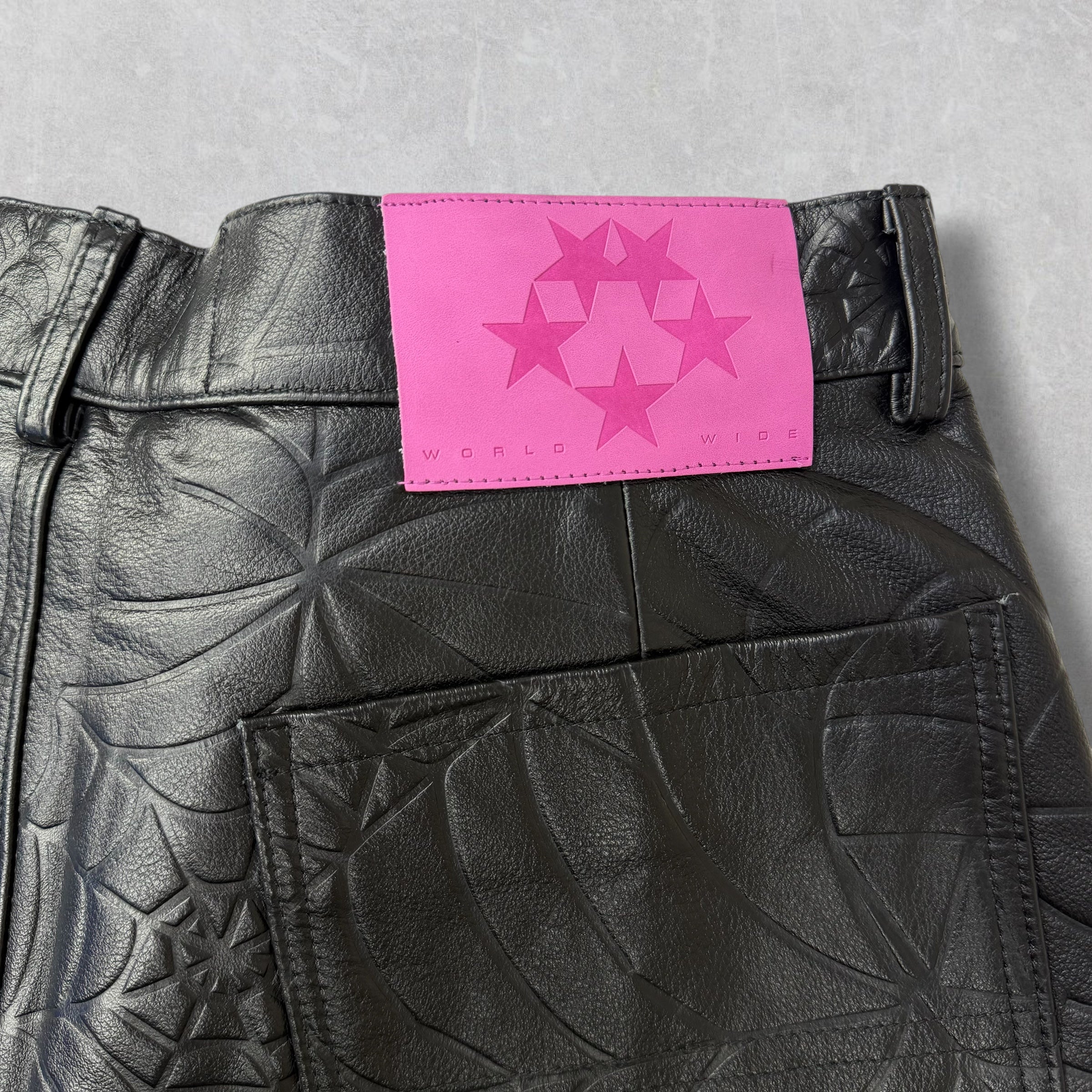 SP5DER Black Debossed Web Leather Pants 32